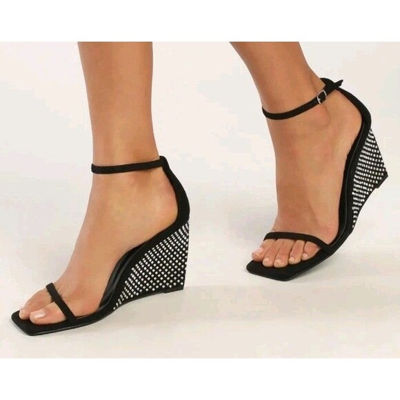 Lagaro Black Suede Rhinestone Ankle Strap Platform Wedge Sandals Women’s Sz 10 - Picture 2 of 12